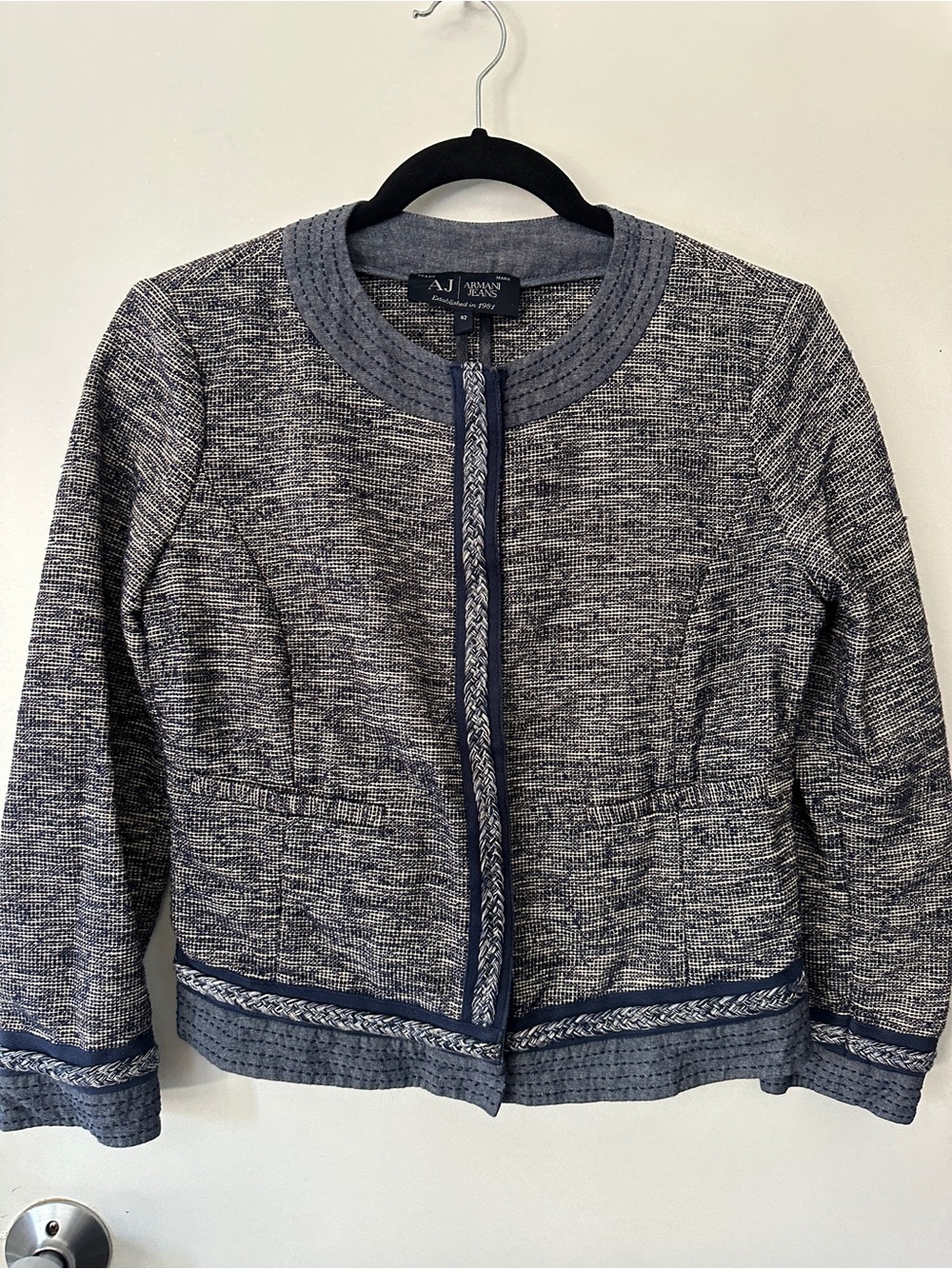 Armani Jeans Tweed Knit Jacket Blue Braided Trim Button Front Size 42 US 6 M